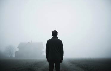 A Mysterious Figure Standing Alone in Dense Fog, Staring Toward an Isolated, Abandoned House Far Away on a Chilling and Haunting Halloween Night