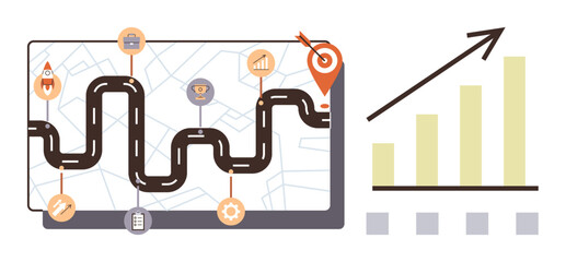 Curved roadmap on digital screen with milestones, goal pin, and rocket paired with a rising bar graph. Ideal for project planning, business growth, goal setting, success strategy, innovation