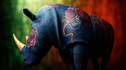 Obraz premium Blue rhinoceros with floral tattoos on red and green background, AI-generated image