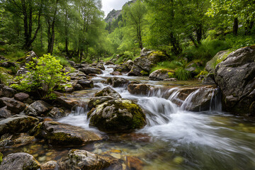 Obraz premium Fast mountain stream cascades down smooth rocks covered in moss and lush green foliage in the mountains