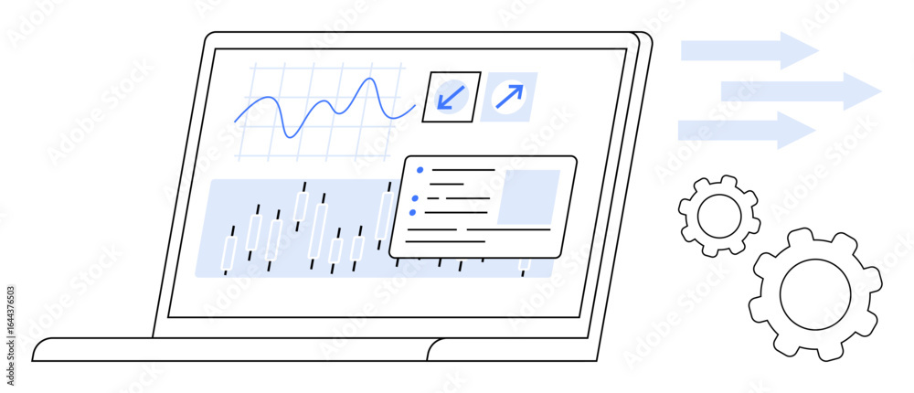 Wall mural laptop displaying charts, graphs, and interactive interface with data insights. gears and arrows sug