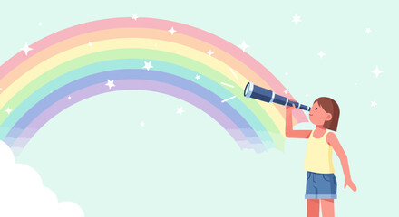Naklejka premium Girl looking through a telescope towards a rainbow, symbolizing ambition and dreams with colorful pastel background and starry sky landscape