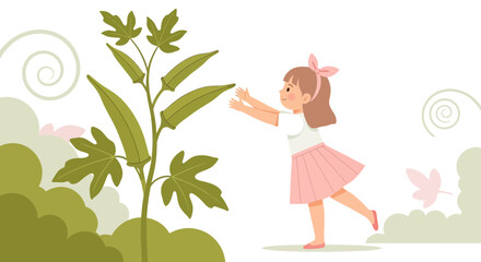 Girl Reaching For Okra Plant In Summer Garden Illustration