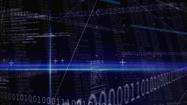 Faint horizontal blue beam appearing triggers code panels sliding in and grid revealing data tunnel
