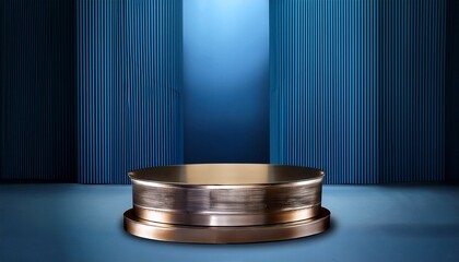 elegant blue room with a round pedestal and a metallic table