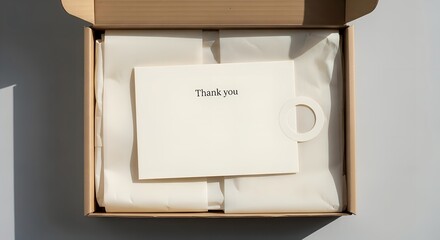 Flat lay mockup of a simple thank you card inside a cardboard box with tissue paper, conveying a minimalist and neutral mood