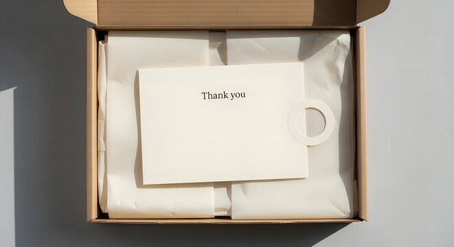 Flat lay mockup of a simple thank you card inside a cardboard box with tissue paper, conveying a minimalist and neutral mood