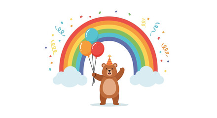 Festive bear celebrating with balloons rainbow and confetti adds joy to any design