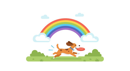 Happy dog playing frisbee in the park under a vibrant rainbow illustration