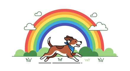 Naklejka premium Happy dog running under a bright rainbow illustration suitable for children content