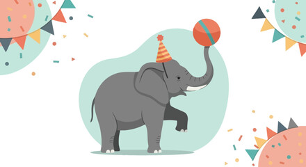 Fototapeta premium Festive Celebration: An Elephant Balancing a Ball at a Cheerful Party Illustration