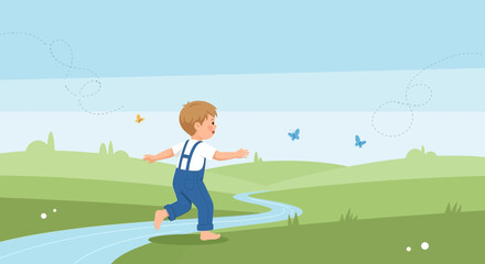 Happy little boy running after butterflies in a beautiful green landscape illustration