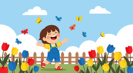 Fototapeta premium Happy Little Cartoon Girl Playing with Butterflies in a Colorful Tulip Garden