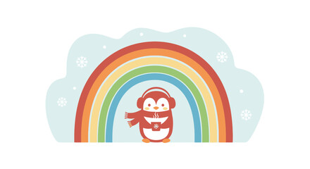 Fototapeta premium Festive Penguin Celebrating Winter Holidays with Rainbow and Snowflakes Graphic