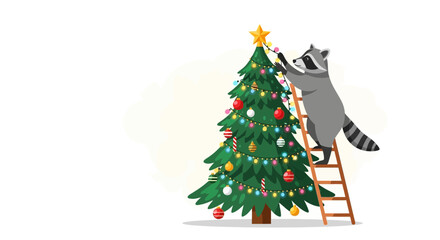 Festive raccoon decorates christmas tree with string lights cartoon illustration