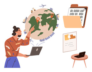 Woman pointing at globe with location markers, surrounded by planes, ships, and data files. Ideal for global business, technology, logistics, data management, remote work planning productivity