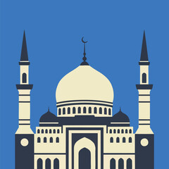Mosque Illustration with Minarets and Dome on a Blue Background