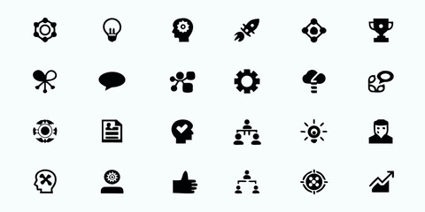 Innovation & Product Development Strategy Line Art Vector Icons &mdash; Brainstorming, Design Thinking, MVP, User Testing, and Creative Process Symbols

