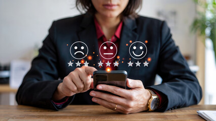 Businesswoman using smartphone app to rate customer service satisfaction with emojis