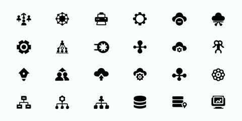 Technology Strategy & Digital Transformation Line Art Vector Icons &mdash; IT Planning, Cloud Architecture, Cybersecurity, Data Analytics, and System Integration Symbols

