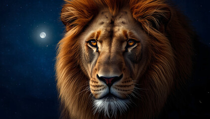 Fototapeta premium Close-up of a majestic lion's head under a night sky with moon.