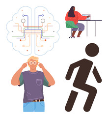 Person thinking with connected circuits, a woman working on a laptop, running silhouette. Ideal for creativity, innovation, productivity, brainstorming, teamwork technology progress. Simple flat