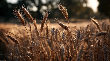 Fototapeta premium Close-up of tall dry wheat stalks in a golden field du sunset with blurred background, highlighting detailed textures and natural rural environment
