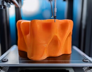 3d printing technology is showcased with advanced printer creating vibrant orange object highlighting innovation and precision in high tech engineering