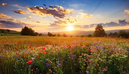 Obraz premium champ de fleur sauvage paysage au coucher du soleil dans la campagne