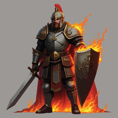 Obraz premium T Shirt Design A medieval warrior in a suit of steel armor holds a sword and shield, ready for battle