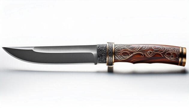 handcrafted hunting knife with damascus steel blade and wooden handle isolated on white background