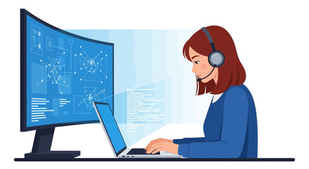 Focused customer service representative providing technical support assistance online via computer and headset in the office