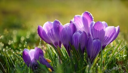 a close up of vibrant purple crocuses with dew drops bathed in soft morning light over lush green grass