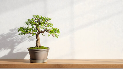 Miniature Bonsai Tree on Wooden Shelf