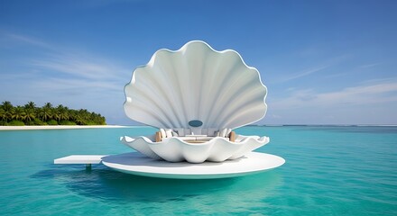 Unique luxury resort experience in a giant shell structure floating in the turquoise ocean under a clear blue sky