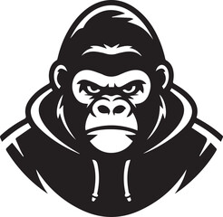 fierce gorilla face in hooded sweatshirt vector monochrome streetwear mascot design for apparel logo and merchandise