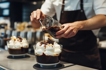 Pastry chef pouring melted chocolate on a delicious dessert