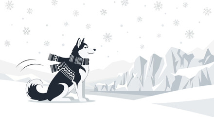 Husky dog wearing a scarf in winter wonderland illustration minimalistic design and cute character showcasing outdoor beauty