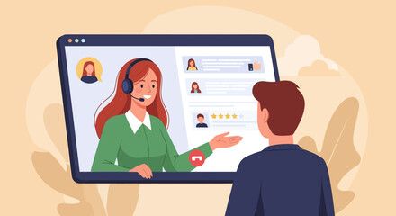 Illustration depicting a customer service interaction via online video call support