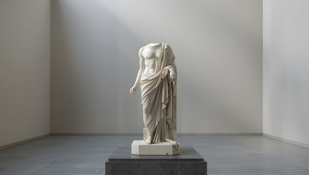 A classical marble statue of a headless woman stands in a minimalist gallery space.
