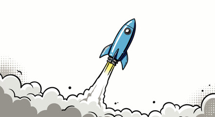 Blue comic book style rocket ship launching upwards with bold outlines and smoke clouds.