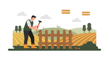 Illustration depicting a man repairing a wooden fence in a rural landscape with a hammer against a backdrop of rolling hills