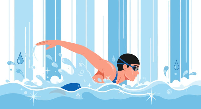 Illustration depicting a swimmer performing butterfly stroke in a pool with blue water and background