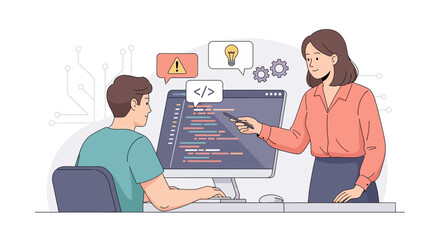 Illustration depicting online coding tutorial with teacher and student working together improving codes project together
