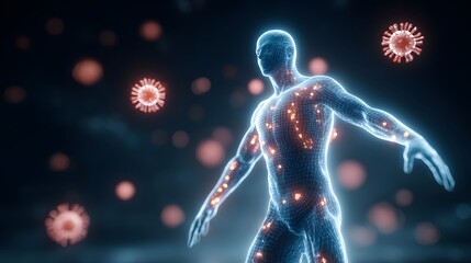 Digital representation of a human body with highlighted infection points.