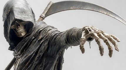 Menacing Grim Reaper figure with scythe reaching out, embodying death and the unknown, perfect for Halloween or spooky themes.