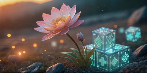 Magical Lotus Flower Blooming Amongst Glowing Cubes in Mystical Forest