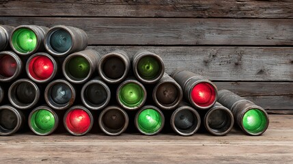 Stacked metal tubes with colored lights.