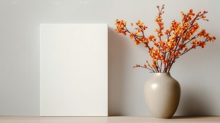 Blank Canvas Next to Vase With Orange Flowering Branches