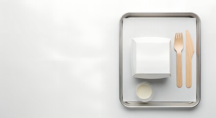 Flat lay mockup: white food box, wooden cutlery, and small container on a metallic tray against a clean white background,